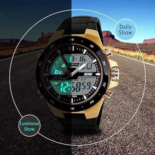 FANMIS Men's Analog Digital 50M Waterproof Sports Watch Military Multifunction Stopwatch Alarm Backlight Gold Watch (0_Gold) - Image 2