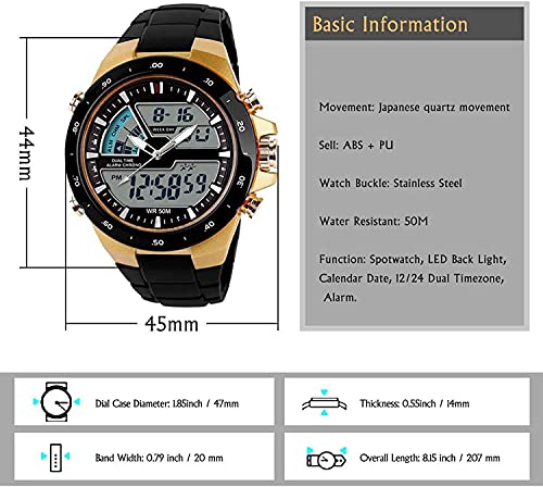 FANMIS Men's Analog Digital 50M Waterproof Sports Watch Military Multifunction Stopwatch Alarm Backlight Gold Watch (0_Gold) - Image 3