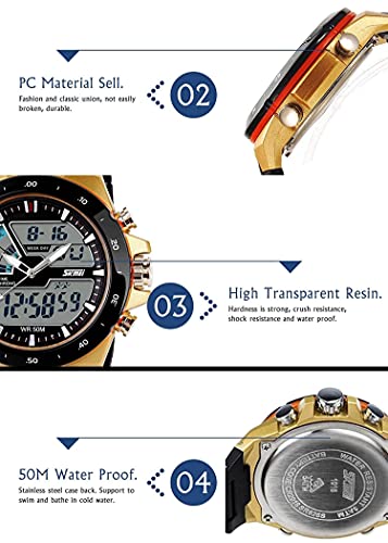 FANMIS Men's Analog Digital 50M Waterproof Sports Watch Military Multifunction Stopwatch Alarm Backlight Gold Watch (0_Gold) - Image 4