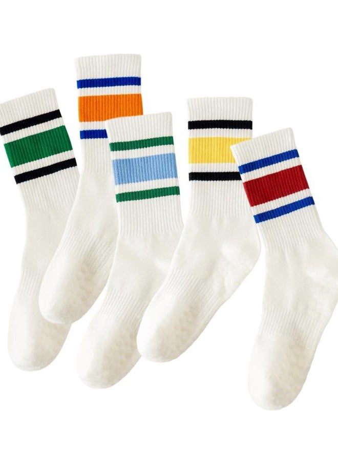 Yawlsow 3 Pairs Pilates Grip Socks for Women Yoga Grippy Striped Retro Crew Socks Non Slip Sticky Barre Sock with Grippers - Image 1