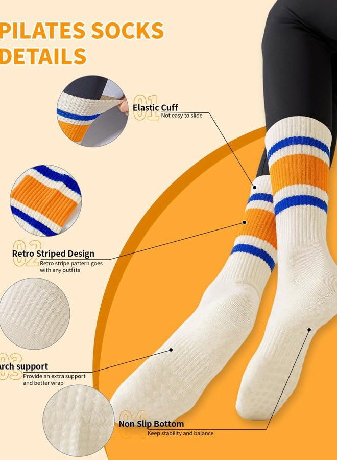 Yawlsow 3 Pairs Pilates Grip Socks for Women Yoga Grippy Striped Retro Crew Socks Non Slip Sticky Barre Sock with Grippers - Image 4