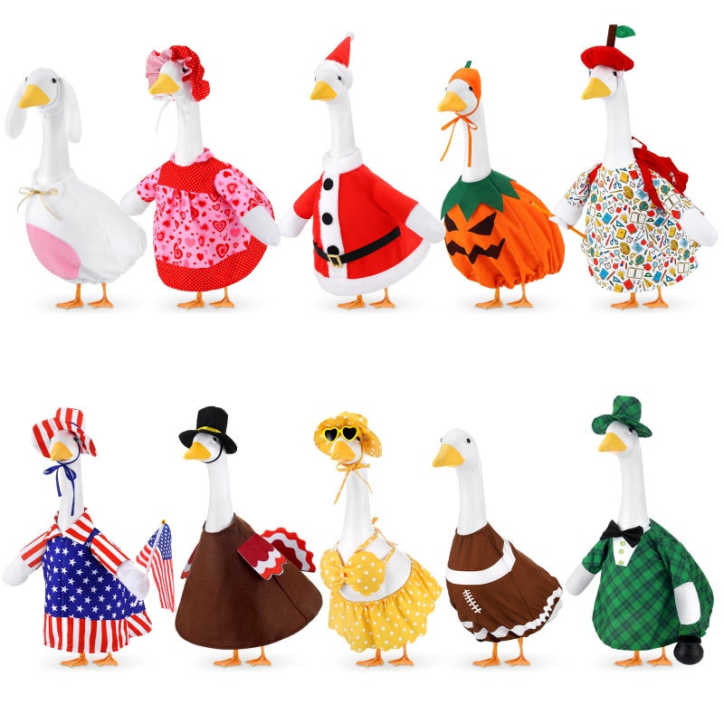 Booson 10 Pack Holiday Porch Goose Outfits Christmas Valentine St. Patrick Easter 4th of July Halloween Football Back to School All Seasons Theme for 23 Inch Lawn Patio Yard Decor - Image 1