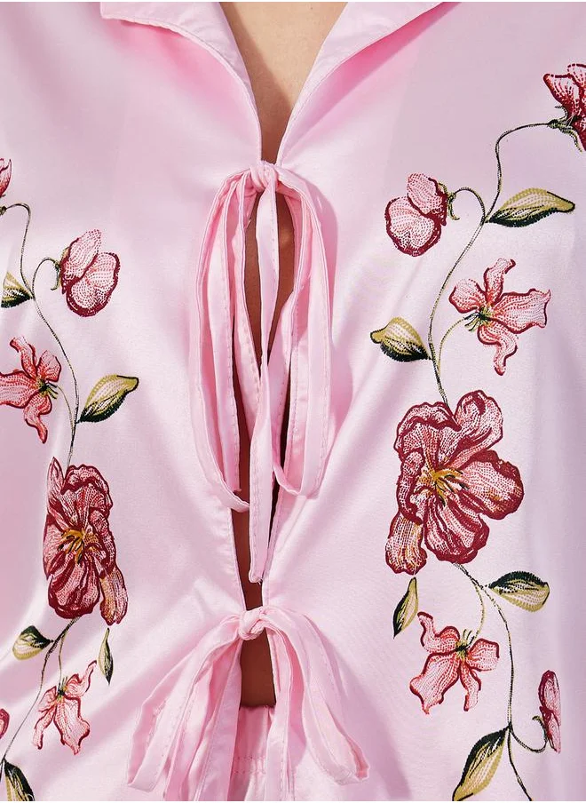 Styli Floral Placement Tie Up Shirt & Pants Pyjama Set