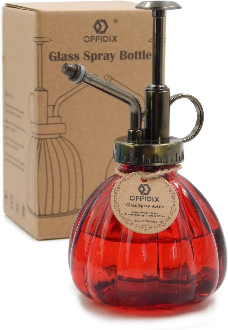 OFFIDIX Plant Glass Spray Bottle,Flower Mister Indoor Plant Watering Can Pot 6.3" Tall Vintage Pumpkin Style with Bronze Plastic Top Pump One Hand Small Watering Cans for House Plants(Red) - Image 1