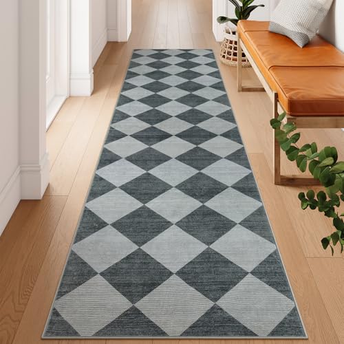 Beeiva Checkered Kitchen Runner Rug 2.5x10, Ultra Thin Washable Runners for Hallways Non Slip, Moroccan Trellis Print Non Shedding Kitchen Runner Rugs, Stain Resistant Blue/Grey Hallway Home Decor - Image 3