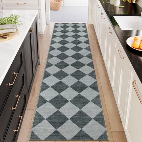Beeiva Checkered Kitchen Runner Rug 2.5x10, Ultra Thin Washable Runners for Hallways Non Slip, Moroccan Trellis Print Non Shedding Kitchen Runner Rugs, Stain Resistant Blue/Grey Hallway Home Decor - Image 2