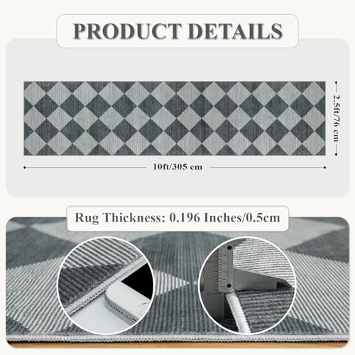 Beeiva Checkered Kitchen Runner Rug 2.5x10, Ultra Thin Washable Runners for Hallways Non Slip, Moroccan Trellis Print Non Shedding Kitchen Runner Rugs, Stain Resistant Blue/Grey Hallway Home Decor - Image 4