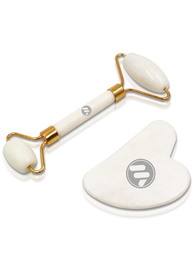 MOSH White Quartz Gua Sha & Facial Roller Set – Full White Stone Face Massager for Puffiness & Skin Care – Dual Head Roller with Gua Sha Tool – Premium Gift Box - Image 1