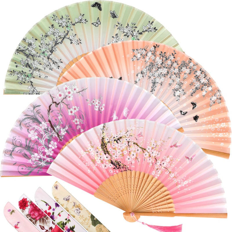Zonon 4 Pack Handheld Floral Folding Fans Hand Held Silk Bamboo Fans with Tassel Women Hollowed Hand Foldable Fan with Fabric Sleeve for Dancing Wedding Decoration Gifts(Forest Flowers) - Image 1