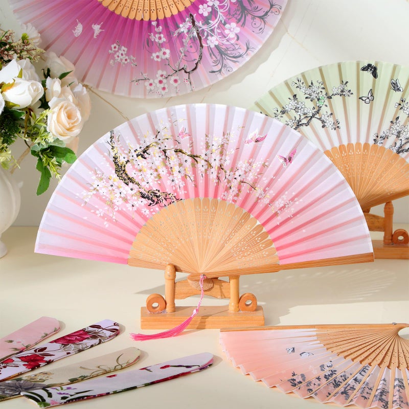 Zonon 4 Pack Handheld Floral Folding Fans Hand Held Silk Bamboo Fans with Tassel Women Hollowed Hand Foldable Fan with Fabric Sleeve for Dancing Wedding Decoration Gifts(Forest Flowers) - Image 4