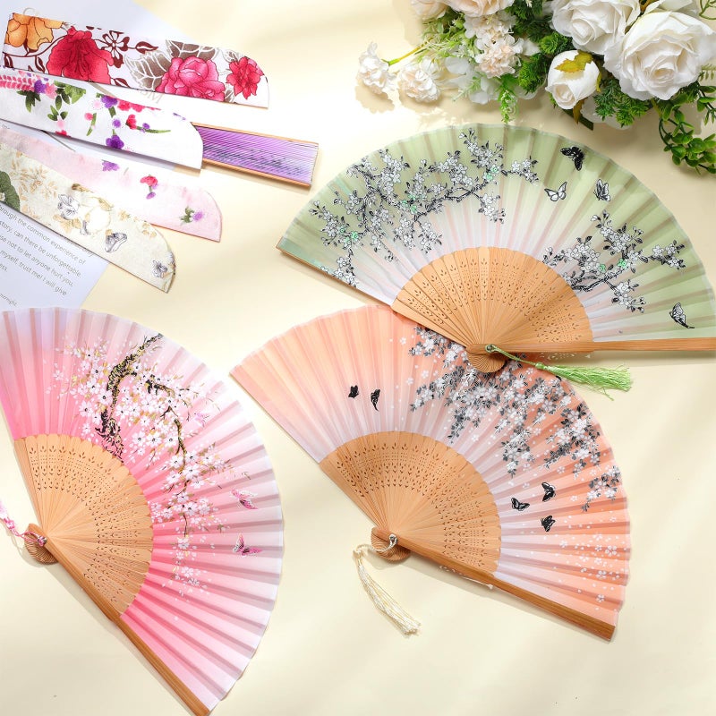 Zonon 4 Pack Handheld Floral Folding Fans Hand Held Silk Bamboo Fans with Tassel Women Hollowed Hand Foldable Fan with Fabric Sleeve for Dancing Wedding Decoration Gifts(Forest Flowers) - Image 3