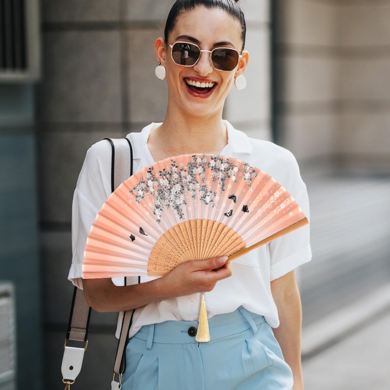 Zonon 4 Pack Handheld Floral Folding Fans Hand Held Silk Bamboo Fans with Tassel Women Hollowed Hand Foldable Fan with Fabric Sleeve for Dancing Wedding Decoration Gifts(Forest Flowers) - Image 5
