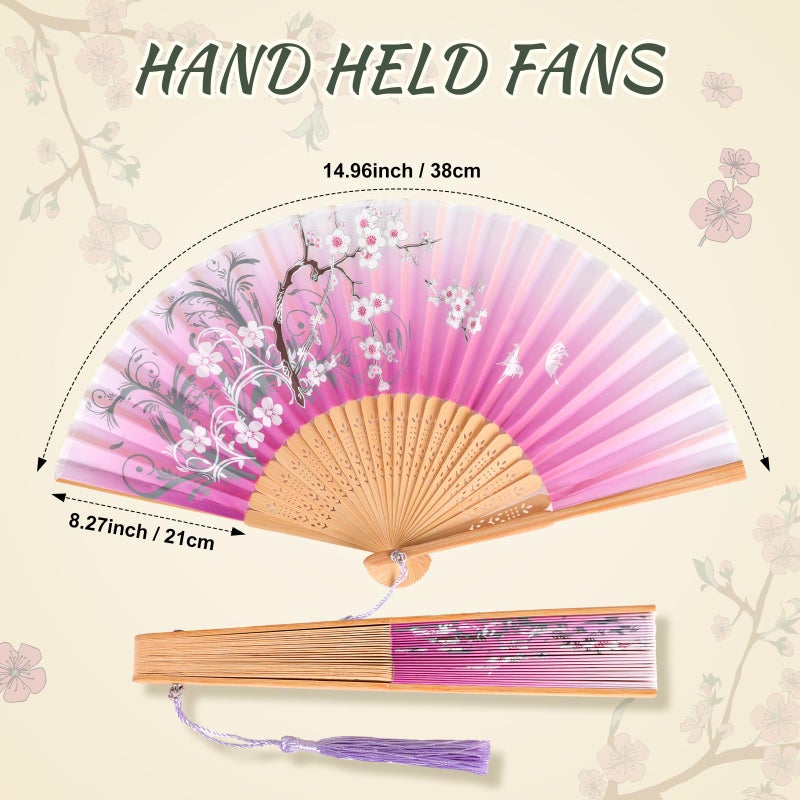 Zonon 4 Pack Handheld Floral Folding Fans Hand Held Silk Bamboo Fans with Tassel Women Hollowed Hand Foldable Fan with Fabric Sleeve for Dancing Wedding Decoration Gifts(Forest Flowers) - Image 2
