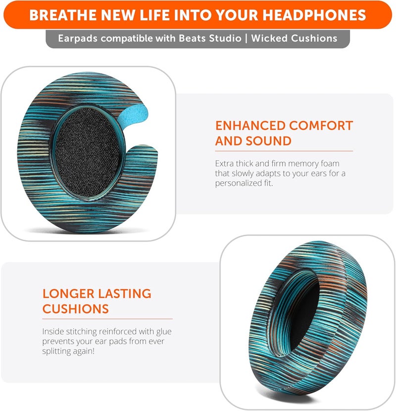 WC وسائد Wicked Cushions البديلة لسماعات Beats Studio 2 و 3 (B0501، B0500) سلكية ولاسلكية | لا تناسب Beats Solo | جلد PU أنعم، رغوة معززة ولاصق أقوى | المحاكاة - Image 5