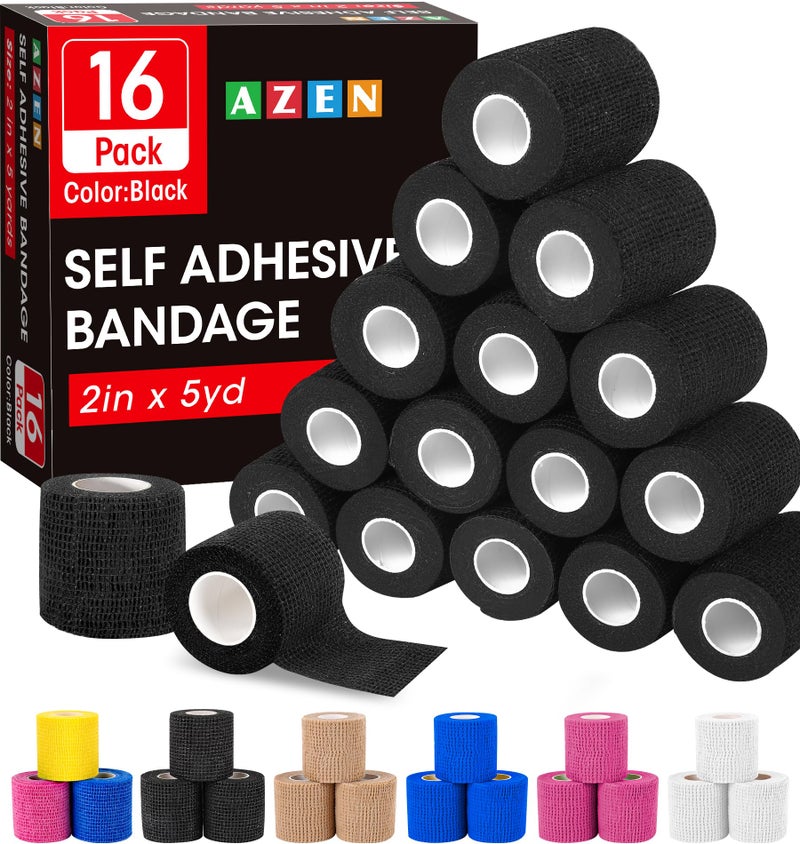 AZEN 16 Pack Self Adhesive Bandage Wrap Black, 2" X 5 Yards Black Athletic Tape, Vet Wrap, Tattoo Grip Tape Wrapï¼ŒAnkle Tape, Cohesive Bandage Wrap - Image 1