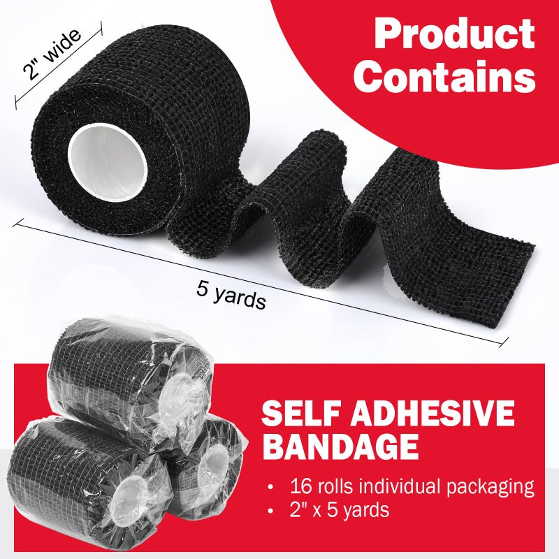 AZEN 16 Pack Self Adhesive Bandage Wrap Black, 2" X 5 Yards Black Athletic Tape, Vet Wrap, Tattoo Grip Tape Wrapï¼ŒAnkle Tape, Cohesive Bandage Wrap - Image 2