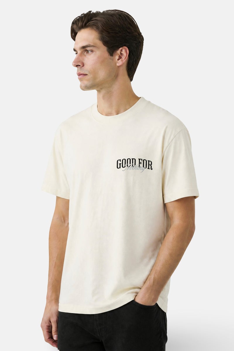 GOOD FOR NOTHING Men Crew Neck Short Sleeve Brand Logo T-Shirt, Cream - Image 5