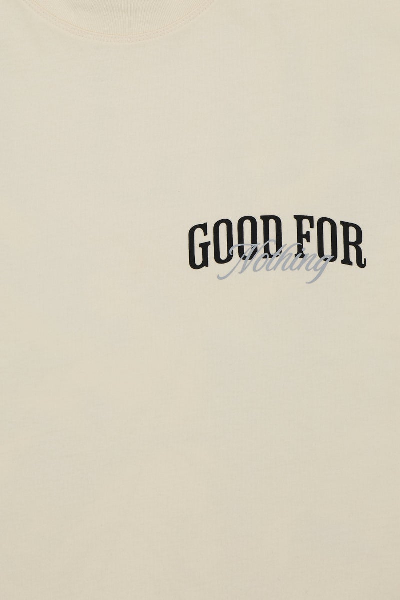 GOOD FOR NOTHING Men Crew Neck Short Sleeve Brand Logo T-Shirt, Cream - Image 2