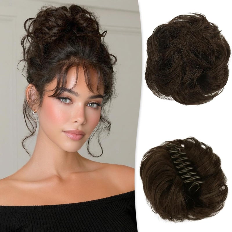 RUWISS Claw Clip Messy Bun Hair Piece Real Human Hair Buns Wavy Curly Chignon Hair Bun Extensions Tousled Updo Ponytail Hairpieces Hair Scrunchie with Clip for WomenBrown - Image 2
