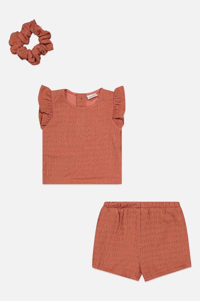 Willow & Whistle Toddlers Girl 3 Pcs Textured Top And Bottom With Scrunchie Set , Brown - Image 2