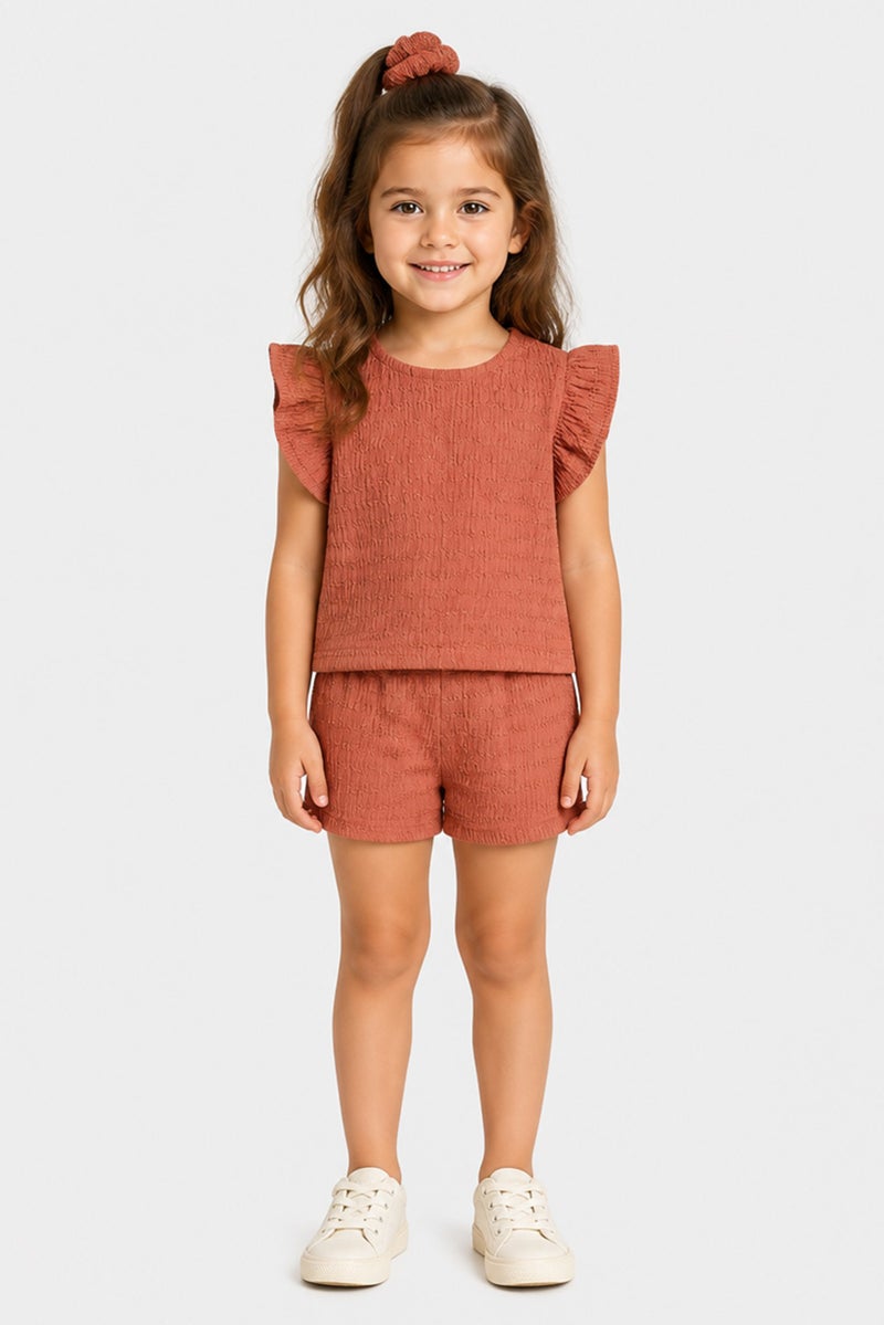 Willow & Whistle Toddlers Girl 3 Pcs Textured Top And Bottom With Scrunchie Set , Brown - Image 1
