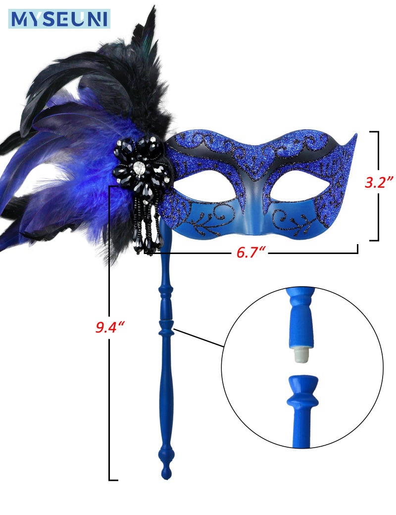 MYSEUNI 2025 New Blue and Black Masquerade Mask for Women with Stick - Shiny Women's Feather Mardi Gras Venetian Mask for Halloween Parties, Carnival, Prom, Christmas, Wedding, Bar, Costume Accessory - Image 2