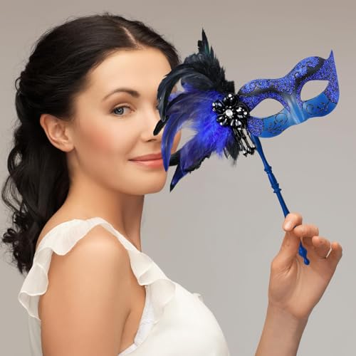MYSEUNI 2025 New Blue and Black Masquerade Mask for Women with Stick - Shiny Women's Feather Mardi Gras Venetian Mask for Halloween Parties, Carnival, Prom, Christmas, Wedding, Bar, Costume Accessory - Image 5