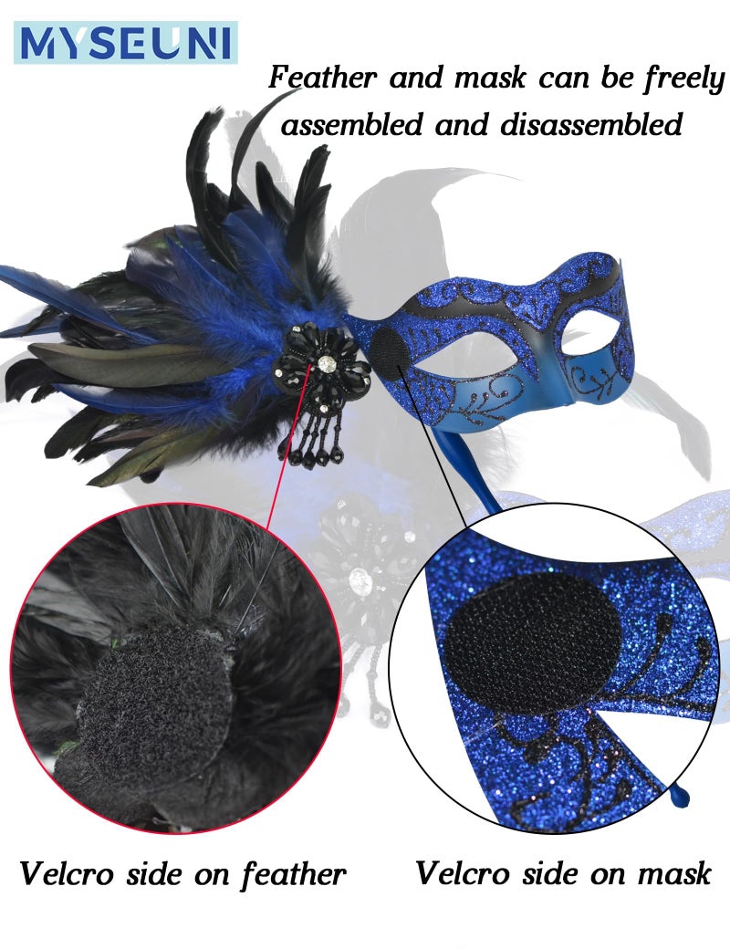 MYSEUNI 2025 New Blue and Black Masquerade Mask for Women with Stick - Shiny Women's Feather Mardi Gras Venetian Mask for Halloween Parties, Carnival, Prom, Christmas, Wedding, Bar, Costume Accessory - Image 3