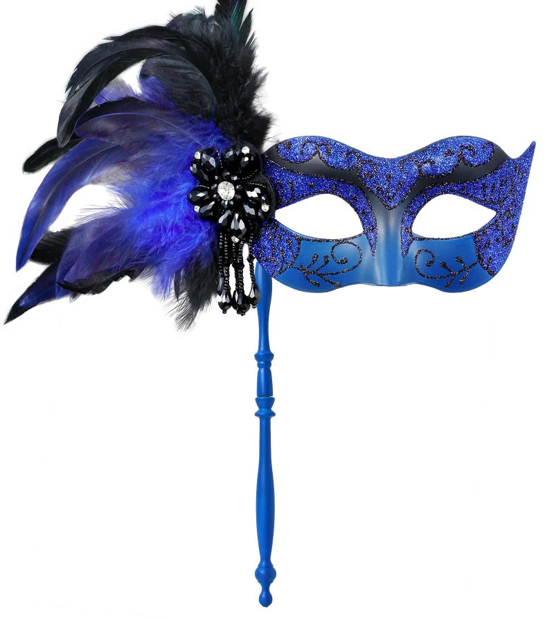 MYSEUNI 2025 New Blue and Black Masquerade Mask for Women with Stick - Shiny Women's Feather Mardi Gras Venetian Mask for Halloween Parties, Carnival, Prom, Christmas, Wedding, Bar, Costume Accessory - Image 1