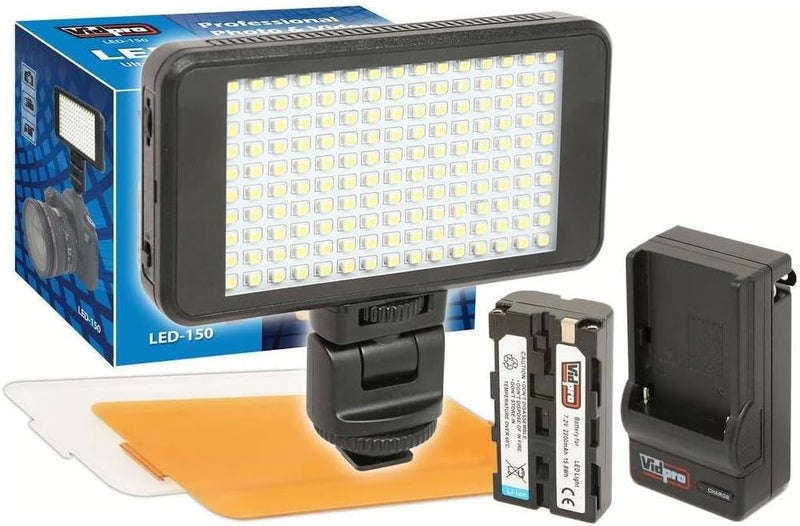 VidPro LED-150 Photo and Video Light Kit - On Camera Panel LED Light - Adjustable and Dimmable Light Fits Cameras Video Camcorders and DLSR w/Hot Shoe Includes Rechargeable Battery Diffuser and More - Image 1