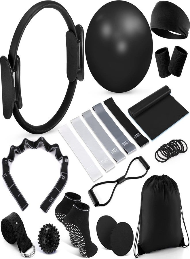 Poen 18 Pcs Home Pilates Ball and Ring Circle Set Yoga Fitness Essentials Kit with 5 Resistance Band Stretching Strap Non Slip Sock Ball Core Slider Wristband Headband Gym Bag for Women, Black - Image 1