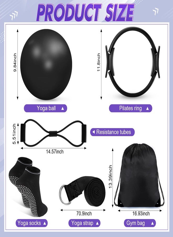 Poen 18 Pcs Home Pilates Ball and Ring Circle Set Yoga Fitness Essentials Kit with 5 Resistance Band Stretching Strap Non Slip Sock Ball Core Slider Wristband Headband Gym Bag for Women, Black - Image 2
