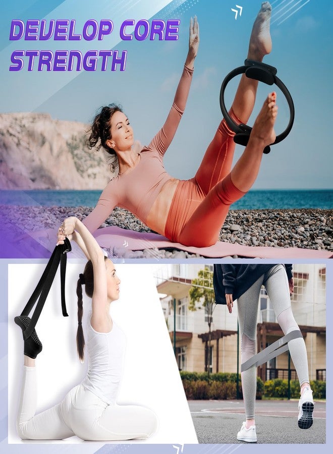 Poen 18 Pcs Home Pilates Ball and Ring Circle Set Yoga Fitness Essentials Kit with 5 Resistance Band Stretching Strap Non Slip Sock Ball Core Slider Wristband Headband Gym Bag for Women, Black - Image 5