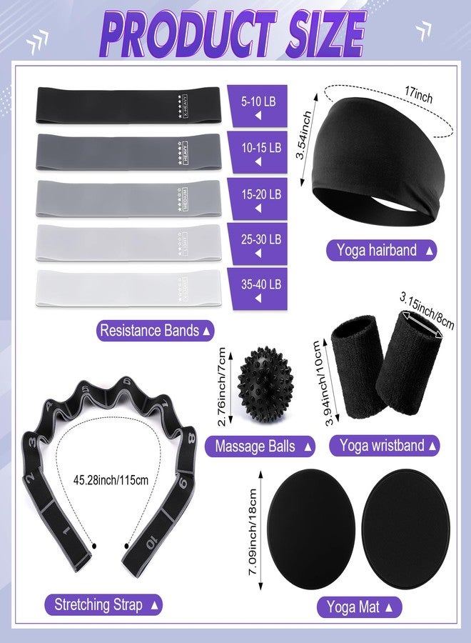 Poen 18 Pcs Home Pilates Ball and Ring Circle Set Yoga Fitness Essentials Kit with 5 Resistance Band Stretching Strap Non Slip Sock Ball Core Slider Wristband Headband Gym Bag for Women, Black - Image 3