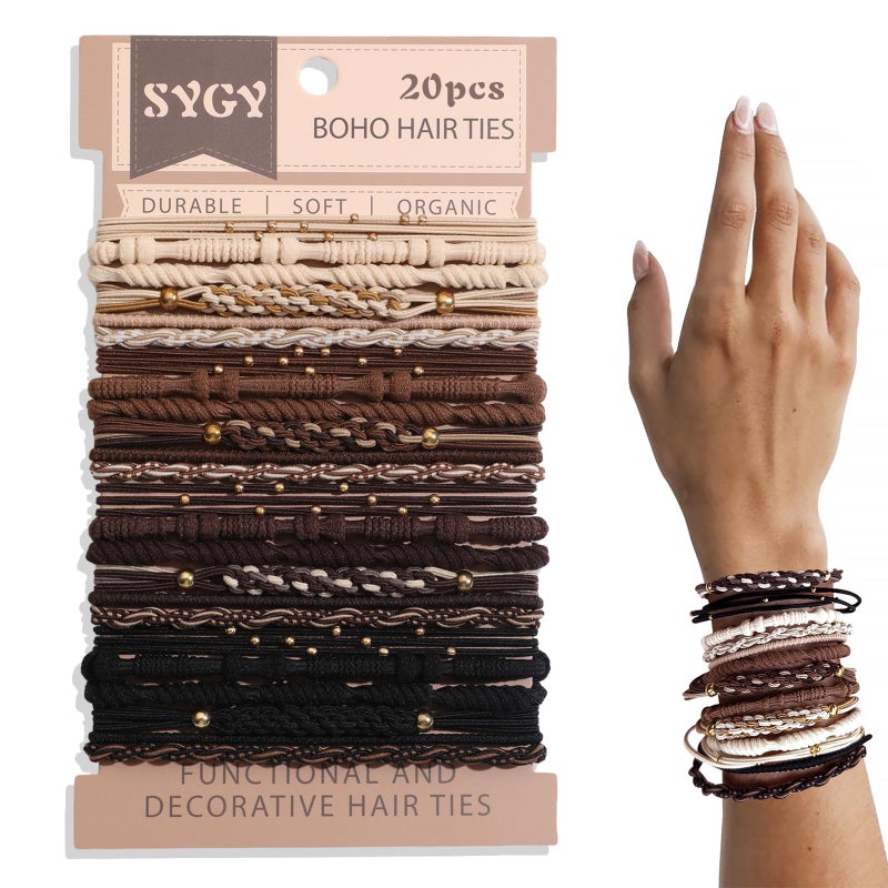 SYGY 20 PCS Boho Hair Ties, Bracelets Hair Ties for Thick or Thin Hair, 5 Styles Boho Ties for Ponytail Holders, 2.36â€™â€™ Hair Ties No-Damage, Neutral Color - Image 1