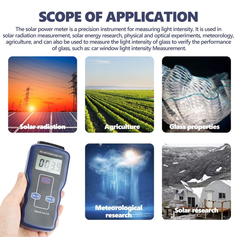 Walfront Solar Power Meter Digital Solar Power Meter Sunlight Meter Sun Light Radiation Measuring for Radiations Measuring Testing Instrument Solar Power Radiation Meter W/m²&Btu Two Units - Image 4
