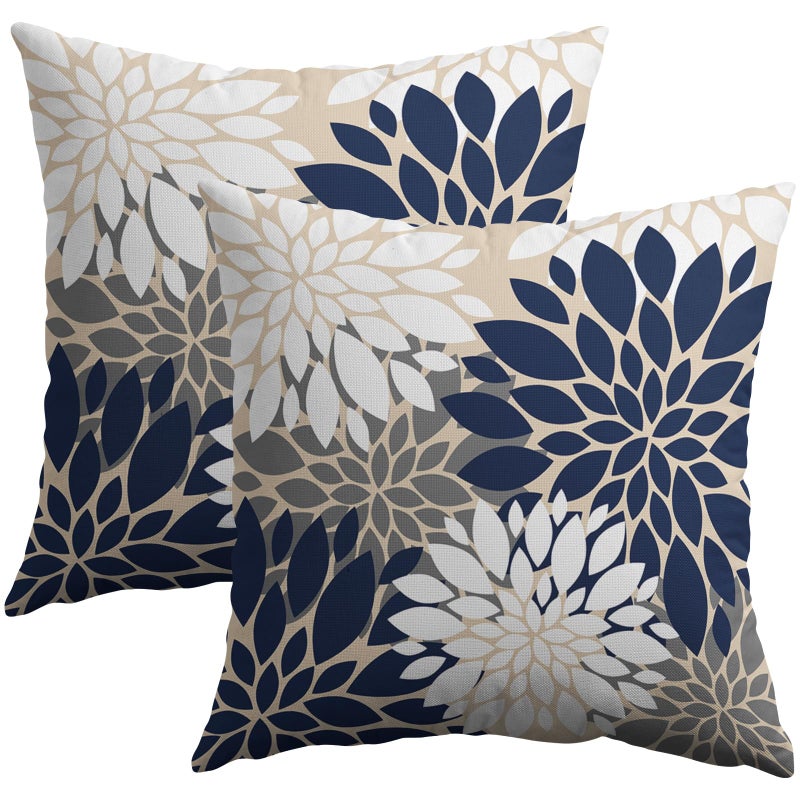 Smozenith Smozenith Navy White Grey Gray Pillow Covers 16X16 Inch Set of 2  Summer Modern Geometry Dahlia Floral Print Decorative Throw Pillow Covers Outdoor Farmhouse Cushion Case for Couch Sofa Bed Decor  - Image 1