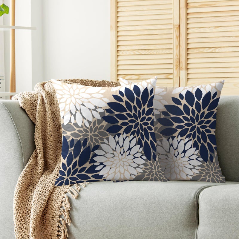 Smozenith Smozenith Navy White Grey Gray Pillow Covers 16X16 Inch Set of 2  Summer Modern Geometry Dahlia Floral Print Decorative Throw Pillow Covers Outdoor Farmhouse Cushion Case for Couch Sofa Bed Decor  - Image 2