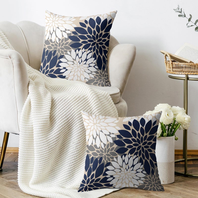 Smozenith Smozenith Navy White Grey Gray Pillow Covers 16X16 Inch Set of 2  Summer Modern Geometry Dahlia Floral Print Decorative Throw Pillow Covers Outdoor Farmhouse Cushion Case for Couch Sofa Bed Decor  - Image 3
