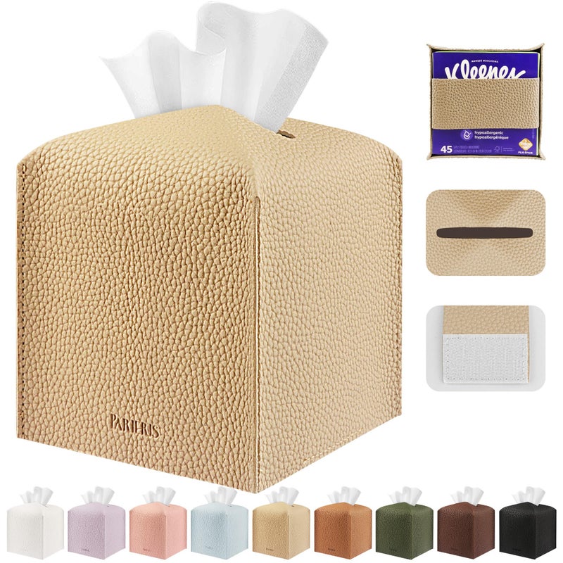 PARIERIS Tissue Box Cover Holder Square Tissue Cube Cover PU Leather Tissue Organizer with Large Belt for Bathroom, Tabletop, Kitchen, Night Stands, Office, Home, Car (1, SoftBeige) - Image 1