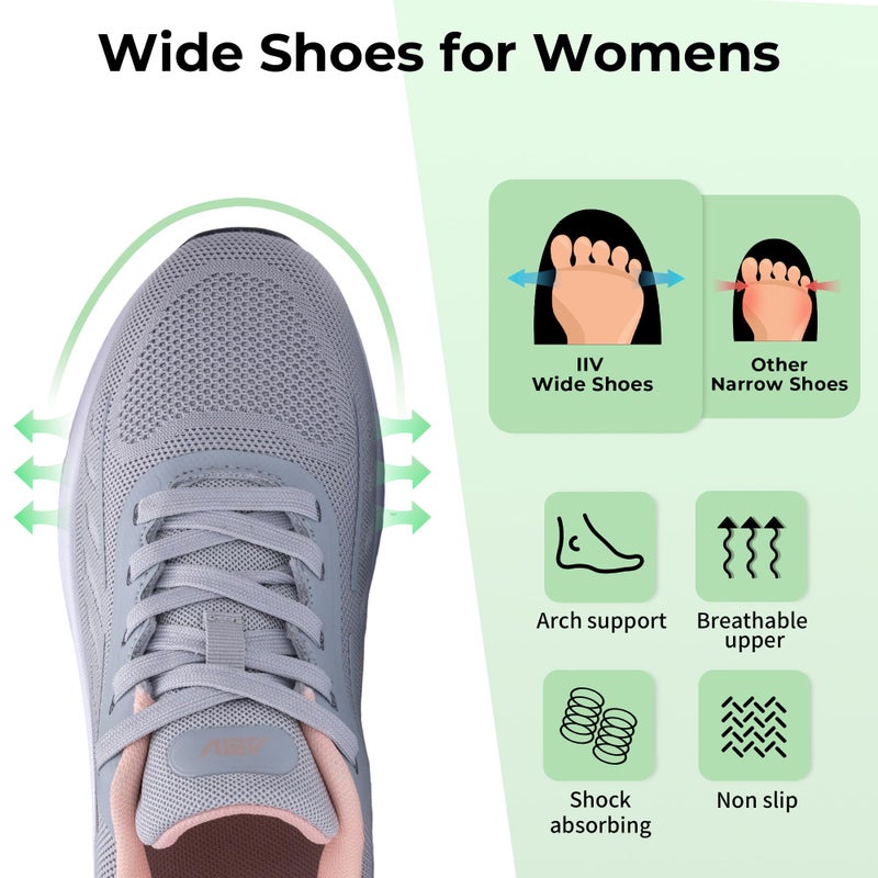 IIV Womens Walking Shoes Arch Support, Gym Workout Orthotic Fashion Sneakers for Plantar Fasciitis Pain Relief Gray/Pink US 6 - Image 2