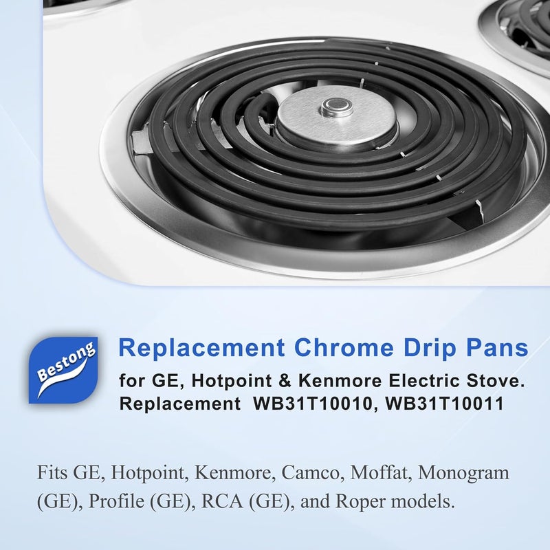 Bestong أواني تصريف الرطوبة من ماركة Chrome متوافقة مع أفران GE وHotpoint وKenmore الكهربائية – بديلة للموديل WB31T10010 وWB31T10011 (عبوة تحتوي على 4 قطع: 2 قطع بقياس 6 بوصات و2 قطع بقياس 8 بوصات). - Image 2