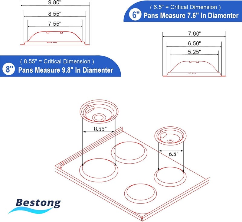 Bestong أواني تصريف الرطوبة من ماركة Chrome متوافقة مع أفران GE وHotpoint وKenmore الكهربائية – بديلة للموديل WB31T10010 وWB31T10011 (عبوة تحتوي على 4 قطع: 2 قطع بقياس 6 بوصات و2 قطع بقياس 8 بوصات). - Image 5