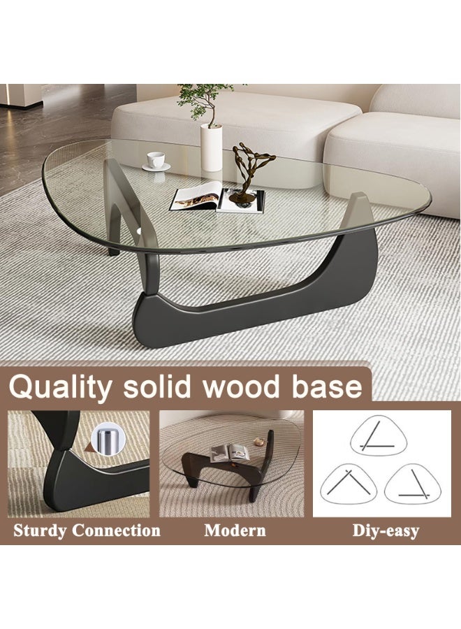 WALALLA Mid-Century Modern Coffee Table Triangle Glass Top Natural Wood Base Triangle Coffee Table for Living Room Patio Office Abstract End Tables (Black/Transparent) - Image 3