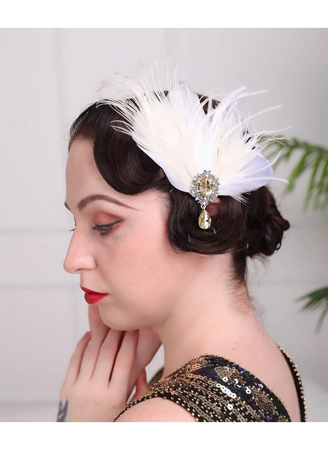 Aimimier - Bridal 1920S Flapper Feather Hair Clip Crystal Teardop White Feather Roaring 20S Headpiece Prom Party Festival Gatsby Hair Jewelry For Women And Girls - Image 1