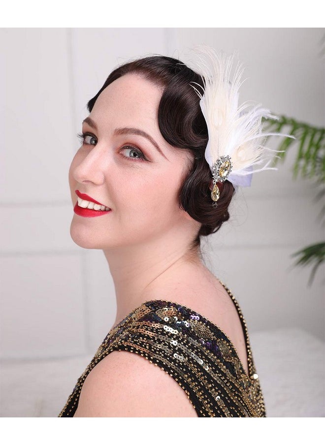 Aimimier - Bridal 1920S Flapper Feather Hair Clip Crystal Teardop White Feather Roaring 20S Headpiece Prom Party Festival Gatsby Hair Jewelry For Women And Girls - Image 1