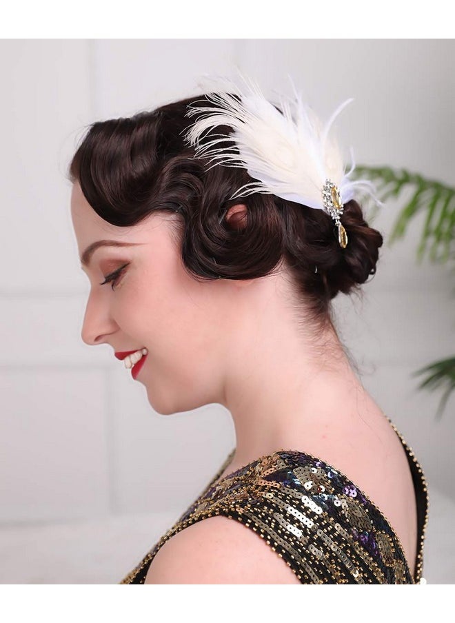Aimimier - Bridal 1920S Flapper Feather Hair Clip Crystal Teardop White Feather Roaring 20S Headpiece Prom Party Festival Gatsby Hair Jewelry For Women And Girls - Image 1