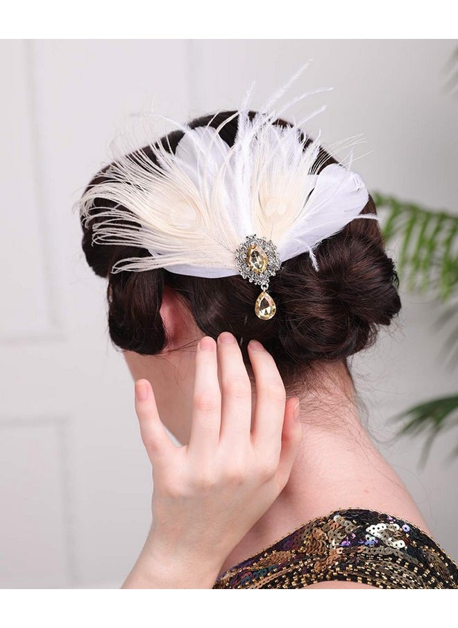 Aimimier - Bridal 1920S Flapper Feather Hair Clip Crystal Teardop White Feather Roaring 20S Headpiece Prom Party Festival Gatsby Hair Jewelry For Women And Girls - Image 1