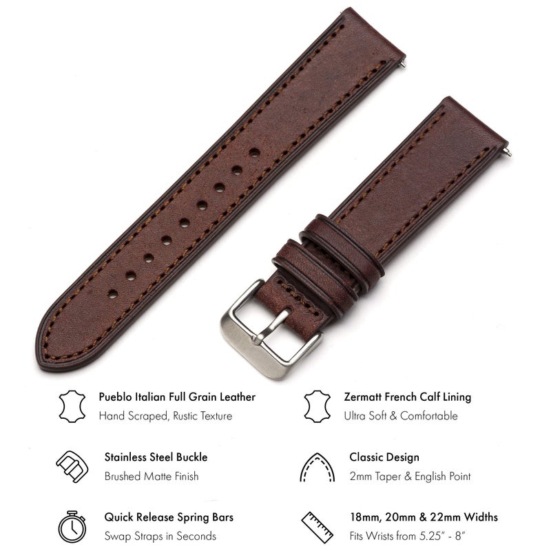 Benchmark Basics Benchmark Quick Release Leather Watch Band - Premium Italian Full Grain Leather Watch Straps for Men & Women (Dark Brown, 20mm) - Image 2