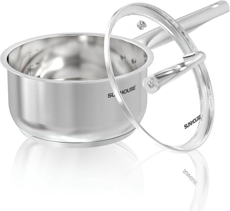 SUNHOUSE - 3 Quart Stainless Steel Sauce Pan with Lid - PFOA-FREE, 18/10 Stainless Steel Sauce Pan, Advanced Impact Bonding Induction Base, Stay-Cool Handle, Compatible with All Cooktops - Image 1
